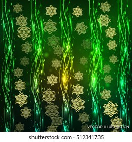 Christmas background with snowflakes and lights. Vector illustration.