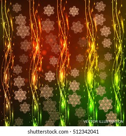 Christmas background with snowflakes and lights. Vector illustration.