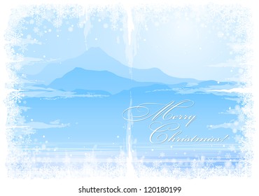Christmas background with snowflakes and mountain view. Vector eps10.
