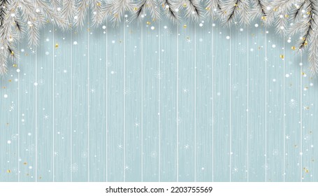Christmas background with snowflakes on blue wood texture,Vector Winter scene with snowing on wooden panel texture,3D display banner backdrop for New Year 2023 or Christmas promotion