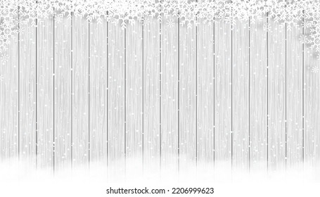 Christmas background with snowflakes on wooden texture,Vector Winter scene with snowing on white and grey wood panel texture,3D display banner backdrop for New Year 2023 or Christmas promotion