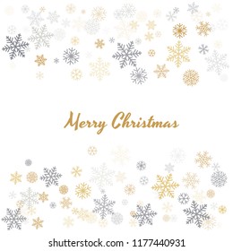 Christmas background with snowflakes and place for text. Winter gold and silver snow minimal decoration on white, greeting card. New Year Holidays backdrop. Vector illustration EPS 10