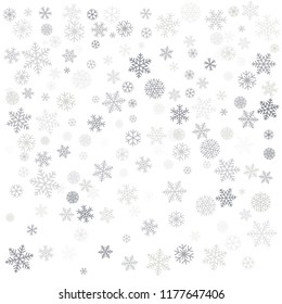 Christmas background with snowflakes and place for text. Winter silver snow minimal decoration on white, greeting card. New Year Holidays backdrop. Vector illustration EPS 10