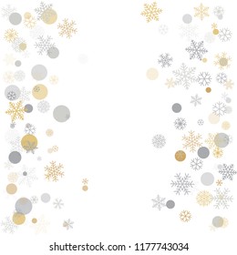 Christmas background with snowflakes and place for text. Winter gold and silver snow minimal decoration on white, greeting card. New Year Holidays backdrop. Vector illustration EPS 10