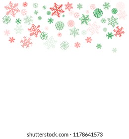 Christmas background with snowflakes and place for text. Winter red and green snow minimal decoration on white, greeting card. New Year Holidays backdrop. Vector illustration EPS 10