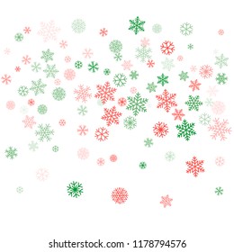 Christmas background with snowflakes and place for text. Winter red and green snow minimal decoration on white, greeting card. New Year Holidays backdrop. Vector illustration EPS 10