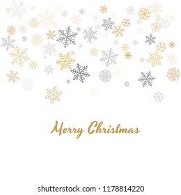 Christmas background with snowflakes and place for text. Winter gold and silver snow minimal decoration on white, greeting card. New Year Holidays backdrop. Vector illustration EPS 10