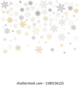 Christmas background with snowflakes and place for text. Winter gold and silver snow minimal decoration on white, greeting card. New Year Holidays backdrop. Vector illustration EPS 10