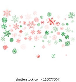 Christmas background with snowflakes and place for text. Winter red and green snow minimal decoration on white, greeting card. New Year Holidays backdrop. Vector illustration EPS 10
