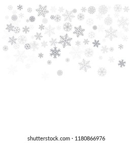 Christmas background with snowflakes and place for text. Winter silver snow minimal decoration on white, greeting card. New Year Holidays backdrop. Vector illustration EPS 10