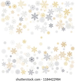 Christmas background with snowflakes and place for text. Winter gold and silver snow minimal decoration on white, greeting card. New Year Holidays backdrop. Vector illustration EPS 10