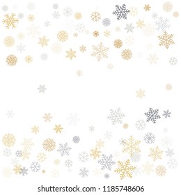Christmas background with snowflakes and place for text. Winter gold and silver snow minimal decoration on white, greeting card. New Year Holidays backdrop. Vector illustration EPS 10