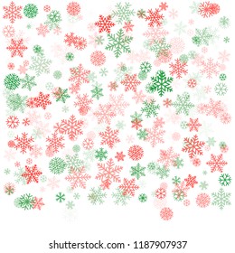 Christmas background with snowflakes and place for text. Winter red and green snow minimal decoration on white, greeting card. New Year Holidays backdrop. Vector illustration EPS 10