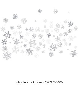 Christmas background with snowflakes and place for text. Winter silver snow minimal decoration on white, greeting card. New Year Holidays backdrop. Vector illustration EPS 10