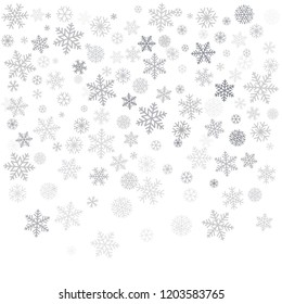 Christmas background with snowflakes and place for text. Winter silver snow minimal decoration on white, greeting card. New Year Holidays backdrop. Vector illustration EPS 10