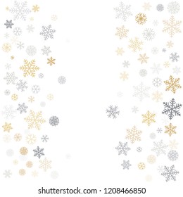 Christmas background with snowflakes and place for text. Winter gold and silver snow minimal decoration on white, greeting card. New Year Holidays backdrop. Vector illustration EPS 10