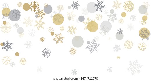 Christmas background with snowflakes and place for text. Winter gold and silver snow minimal decoration on white, greeting card. New Year Holidays backdrop. Vector illustration