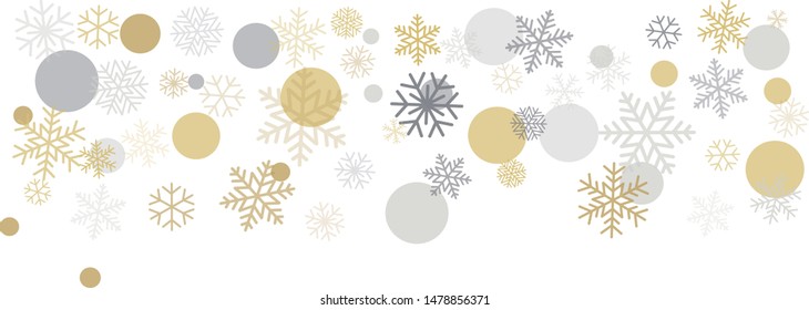 Christmas background with snowflakes and place for text. Winter gold and silver snow minimal decoration on white, greeting card. New Year Holidays backdrop. Vector illustration