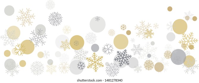 Christmas background with snowflakes and place for text. Winter gold and silver snow minimal decoration on white, greeting card. New Year Holidays backdrop. Vector illustration