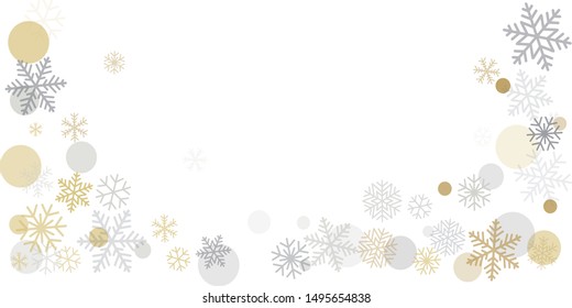 Christmas background with snowflakes and place for text. Winter gold and silver snow minimal decoration on white, greeting card. New Year Holidays backdrop. Vector illustration EPS 10