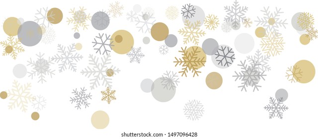 Christmas background with snowflakes and place for text. Winter gold and silver snow minimal decoration on white, greeting card. New Year Holidays backdrop. Vector illustration EPS 10