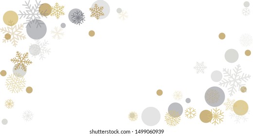 Christmas background with snowflakes and place for text. Winter gold and silver snow minimal decoration on white, greeting card. New Year Holidays backdrop. Vector illustration EPS 10