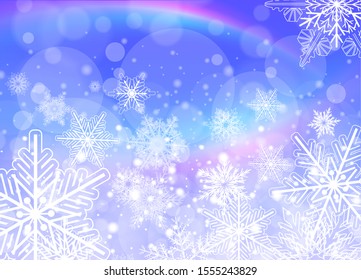Fondo de Navidad con copos de nieve y arcos de lluvia, ilustración vectorial.