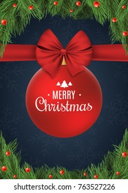 Christmas background with snowflakes. Red ball with a bow of tape. Christmas concept of fir tree and snow berries. Celebratory banner. White text. Vector illustration