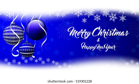 Christmas background with snowflakes, ribbon and blue balls. Vector illustration.