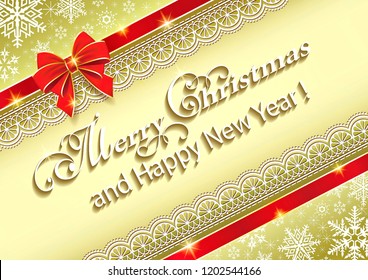 Christmas background with snowflakes and ribbon with bow.