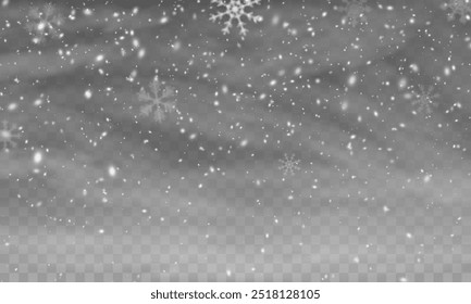 Christmas background with snowflakes. Snow flakes with wind, snow background.S now storm effect, blurred, cold wind with snow png. Heavy snowfall, snowflakes in different shapes and forms. Wind.