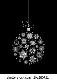 Christmas background with snowflakes spherical composition, Christmas ball made of white snowflakes isolated on black, vector illustration.