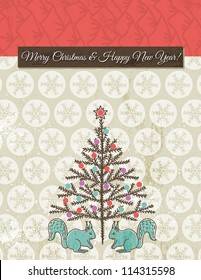 christmas background with snowflakes, squirrel and christmas tree, vector illustration EPS10. Contains transparent objects