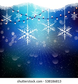 Christmas background with snowflakes and string lights
