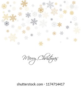 Christmas background with snowflakes and text. Winter gold and silver snow minimal decoration on white, greeting card. Vector illustration EPS 10