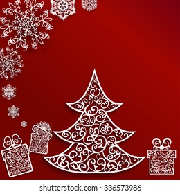 Christmas background with snowflakes, christmas tree and box on red