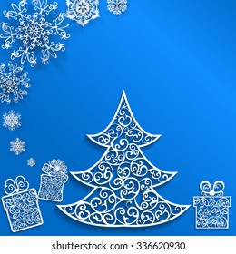Christmas background with snowflakes, christmas tree and box on blue
