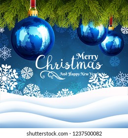 Christmas background with snowflakes and Christmas tree branches with decorations and garlands on blue background. Happy New Year greeting card cover.