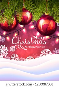 Christmas background with snowflakes and Christmas tree branches with decorations and garlands on red background. Happy New Year greeting card cover.