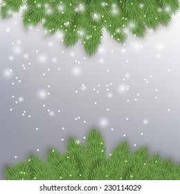 Christmas background with snowflakes and Christmas tree branches.