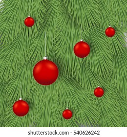 Christmas background with snowflakes and Christmas tree branches and balls