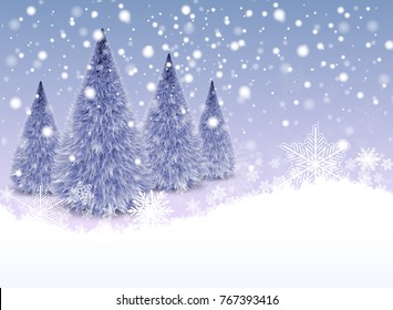 Christmas background with snowflakes and christmas trees, winter vector illustration
