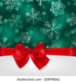 Christmas background with snowflakes in turquoise colors and big red bow with horizontal ribbons