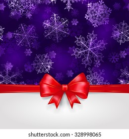 Christmas background with snowflakes in violet colors and big red bow with horizontal ribbons