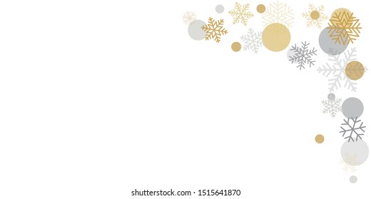 Christmas background with snowflakes. Winter gold and silver snow minimal decoration on white, greeting card. New Year Holidays backdrop. Vector illustration