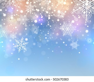 Fondo de Navidad con copos de nieve, ilustración vectorial de invierno