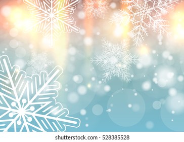 Fondo de Navidad con copos de nieve, ilustración vectorial de invierno