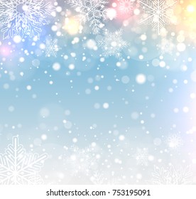 Fondo de Navidad con copos de nieve, ilustración vectorial de invierno