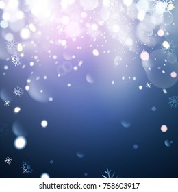 Christmas background with snowflakes, winter vector illustration.bokeh background, festive defocused lights.
