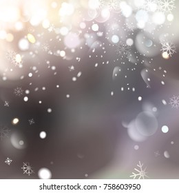 Christmas background with snowflakes, winter vector illustration.bokeh background, festive defocused lights.